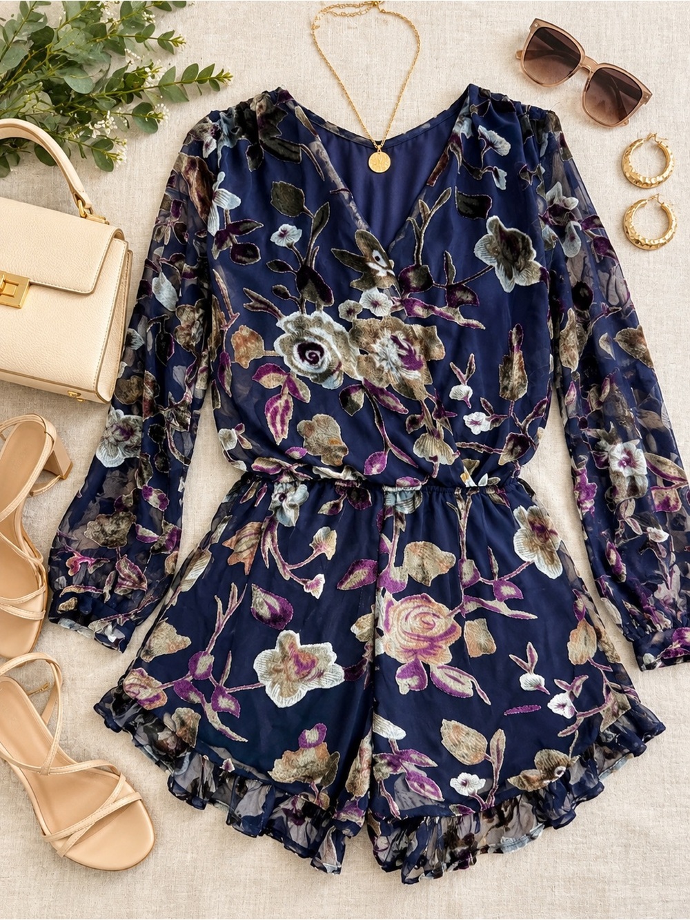 Altar'd State Navy Floral Velvet-Detail Romper